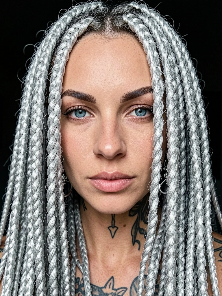 Tranças prateadas em dreadlocks volumosas caem sobre os ombros de uma mulher de olhos azuis e tatuagens no rosto, iluminação dramática em fundo escuro.