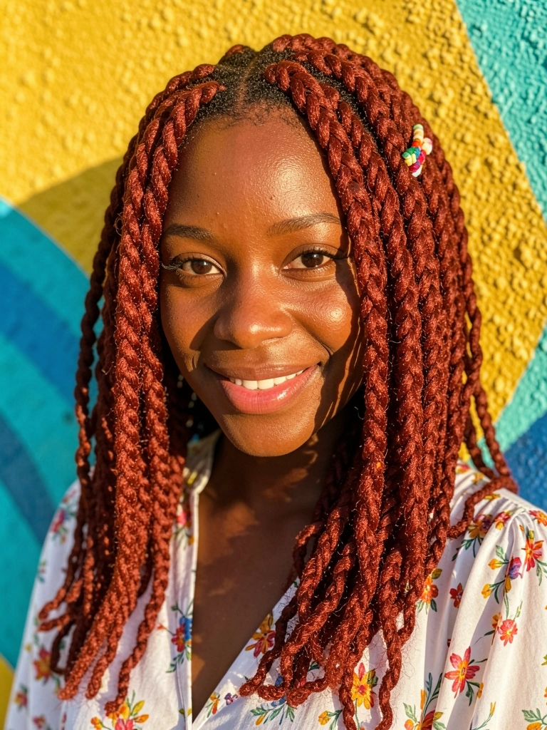Jovem negra com cabelo trançado ruivo e clipe colorido, blusa floral branca, fundo amarelo e mural turquesa, luz natural.