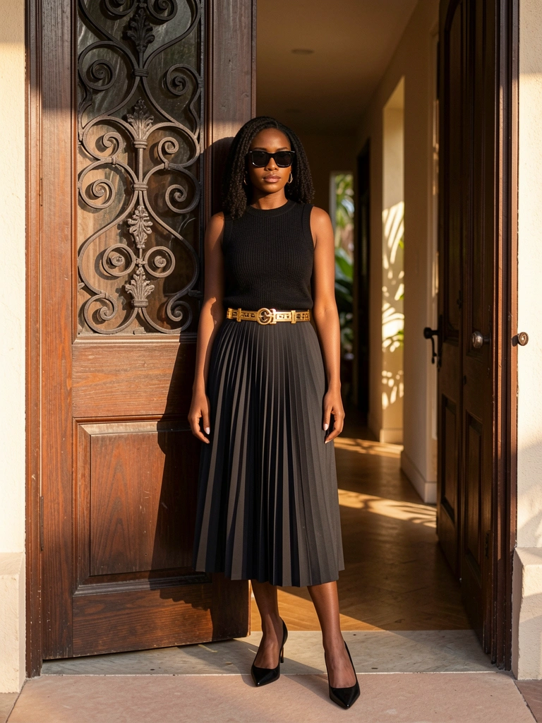 Mulher negra elegante com top preto de malha, saia midi plissada, cinto Hermès dourado e scarpins pretos, posa contra porta escura com ferragem trabalhada, luz natural do corredor ao fundo.