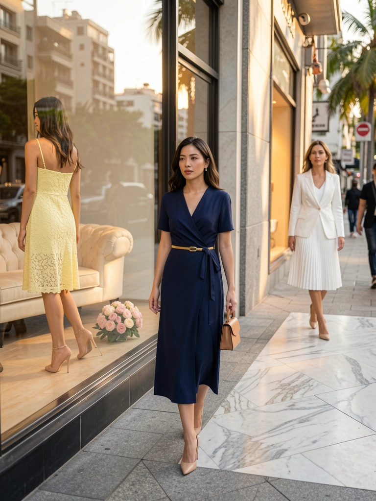 Mulher de vestido azul marinho com cinto dourado caminha em calçada de pedra cinza, reflexo de outra de vestido amarelo em vitrine com sofá creme e buquê de rosas.
