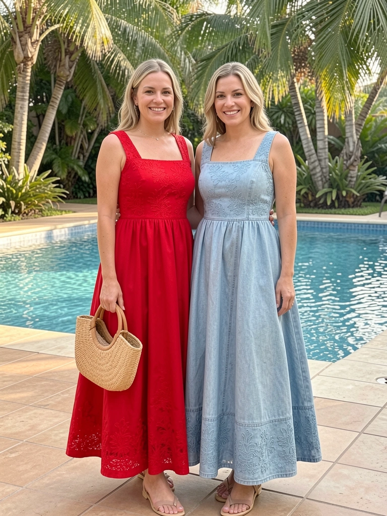 Vestido vermelho com bordado de renda e bolsa de palha contrastam com vestido jeans azul claro em pátio ensolarado com piscina e palmeiras ao fundo.