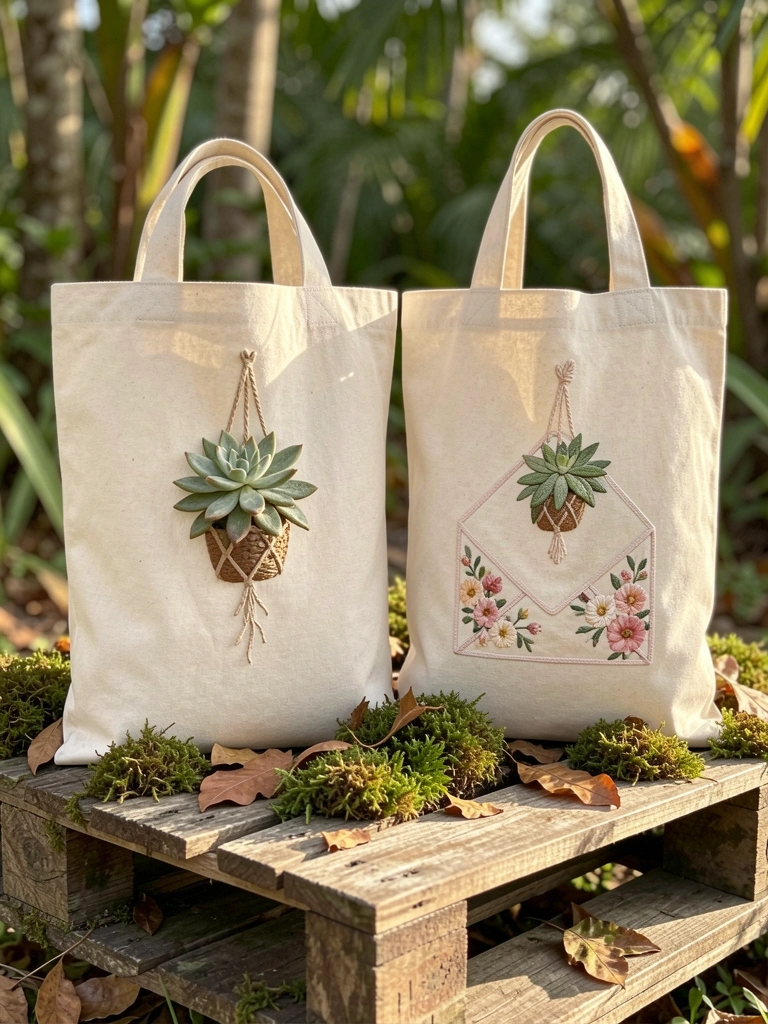 Luz natural incide sobre duas ecobags de algodão cru com bordados de suculenta pendente e envelope floral, apoiadas em palete de madeira desgastada com musgo e folhas secas.