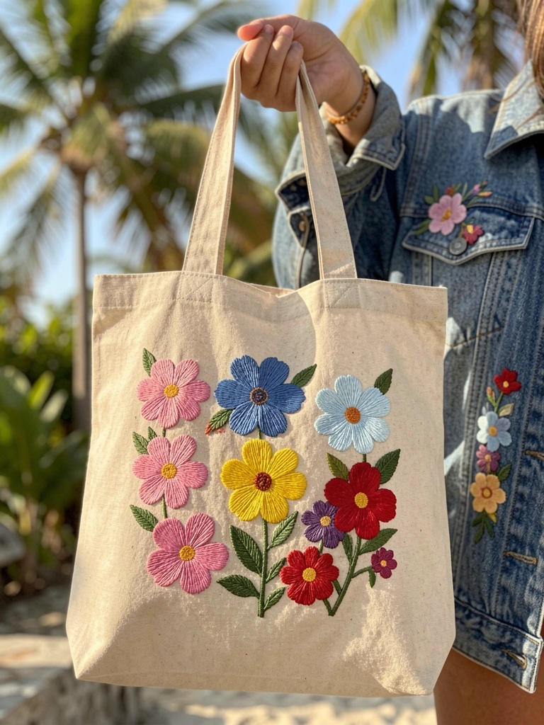 Bolsa de algodão bege com flores bordadas coloridas segurada por uma mão, jaqueta jeans com bordados ao fundo, luz natural do dia.