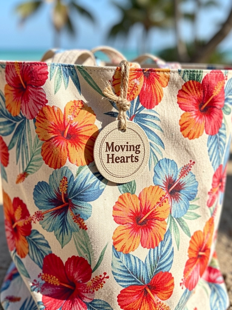 Ecobag de lona bege com estampa floral vibrante de hibiscos vermelhos, laranjas e azuis, etiqueta redonda 