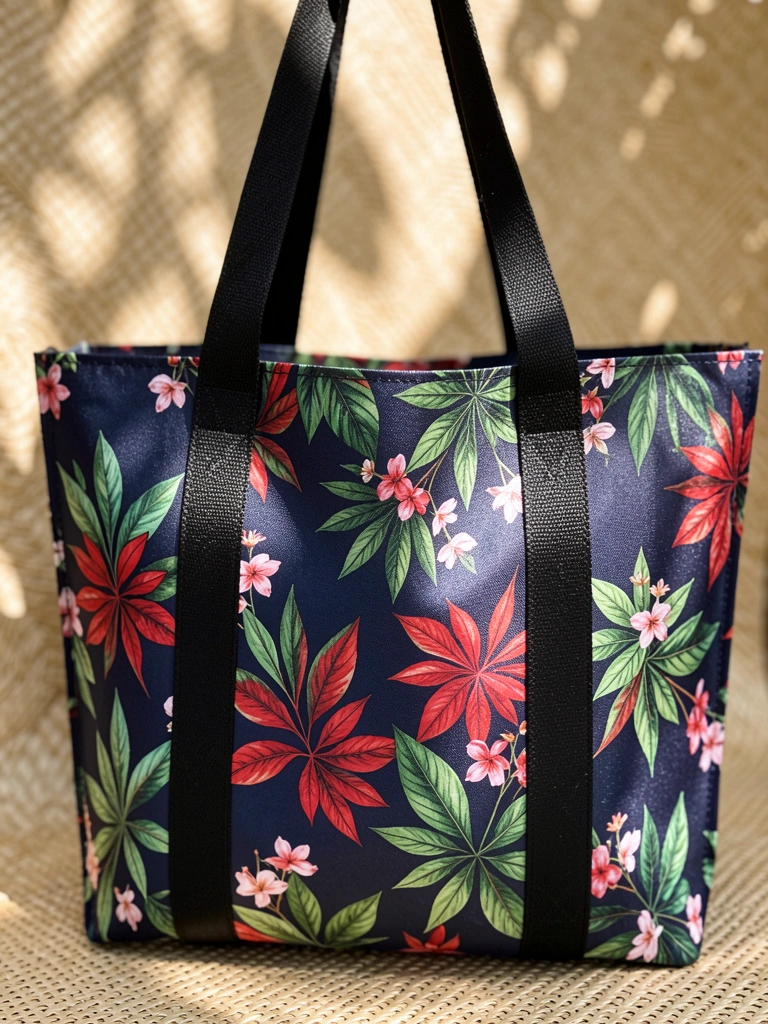 Bolsa ecológica azul-marinho com estampa floral vibrante de folhas vermelhas e verdes e flores rosas, alças pretas, fundo de fibra natural bege desfocado com luz tropical suave.