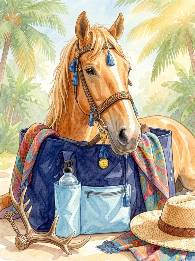 Aguarela detalhada de cavalo palomino com cabeçada decorada de borlas azuis e pingente de moeda de ouro, sobre ecobag azul-marinho com bolsa clara para garrafa, chapéu de palha e cachecol estampado, luz natural.