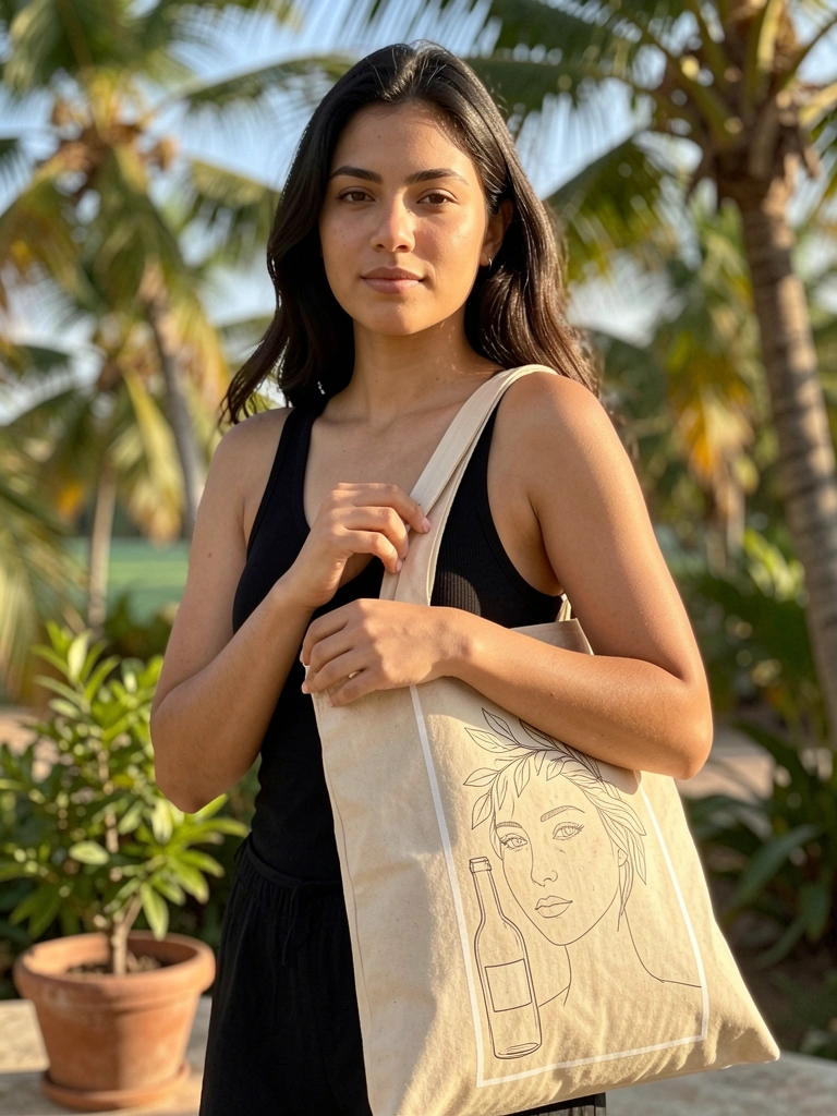 Mulher com ecobag de linho desenhada com rosto, galho e garrafa de vinho, luz natural, fundo com planta
