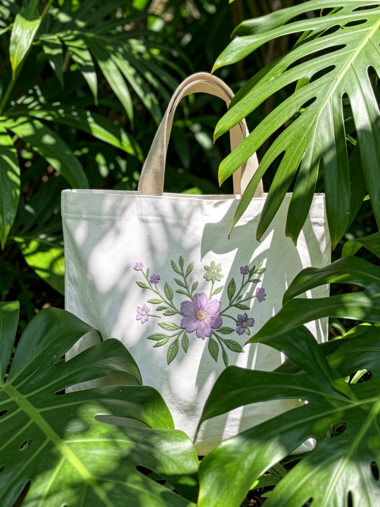 Ecobag branca com bordado floral verde e roxo entre folhas tropicais, luz solar criando sombras na textura do tecido.