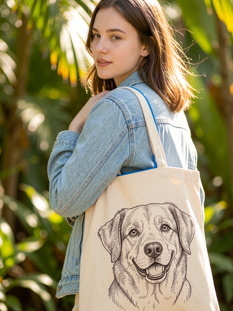 Tote bag de lona bege com desenho de cachorro preto, pendurada no ombro de mulher de jaqueta jeans azul, luz natural filtrada por folhagens.