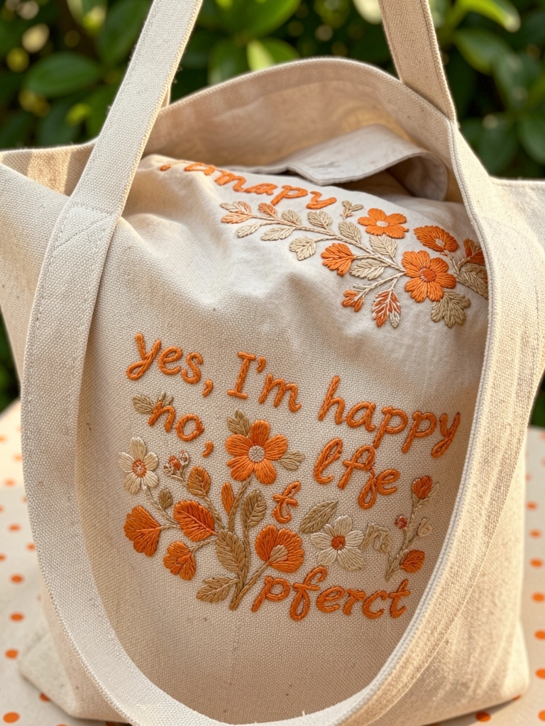 Bolsa de lona bege com bordado laranja detalhado e mensagem, aberta sobre camisa de algodão clara, luz natural suave e folhagem verde ao fundo.