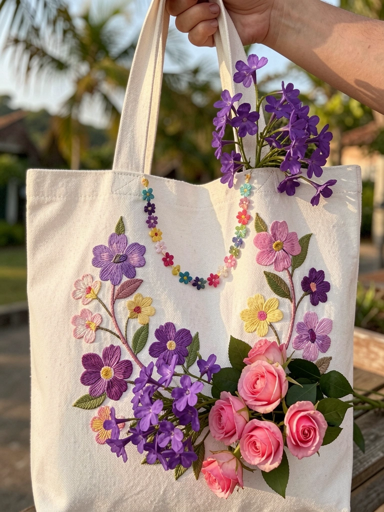 Bolsa de lona branca com bordado floral em roxo, rosa e amarelo, pingente de miçangas e ramo de flores sobre a alça, luz natural do dia.