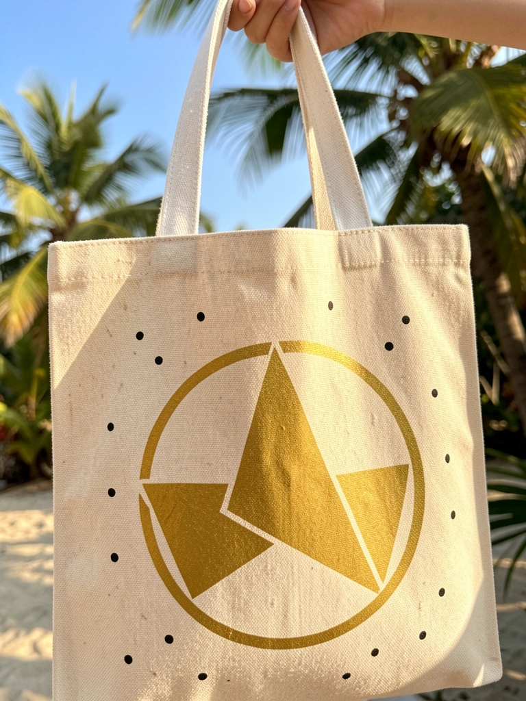 Close-up de bolsa de lona bege com alças brancas, detalhe de círculo dourado e triângulos, luz natural.