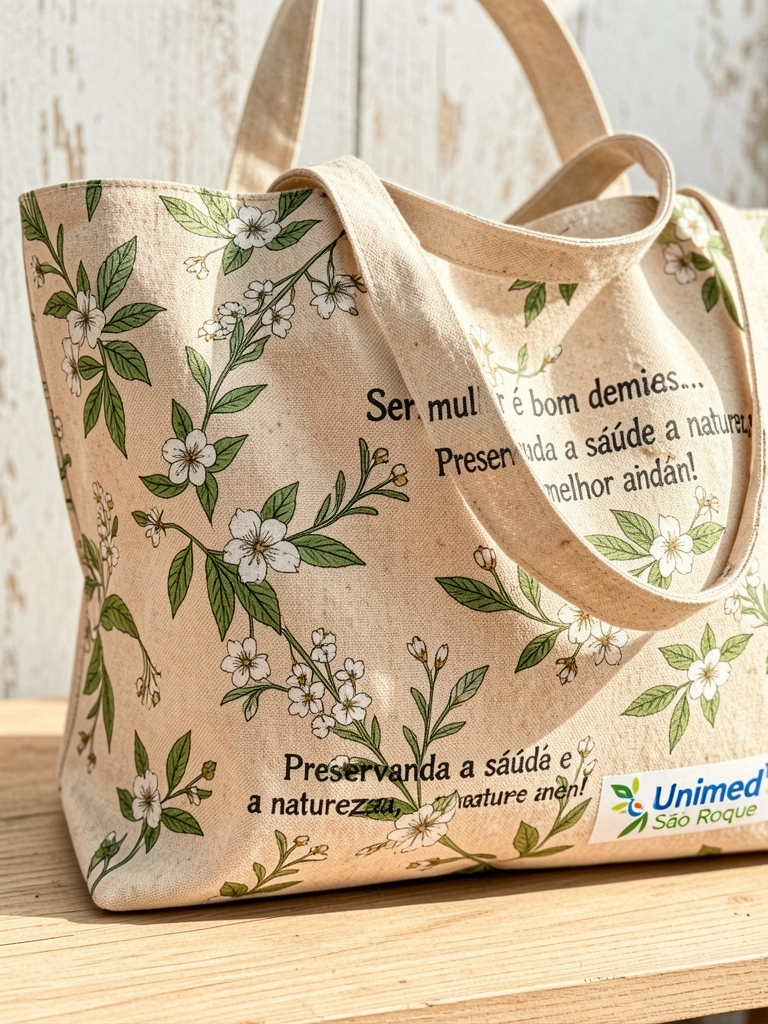 Bolsa de lona bege com estampa floral verde e branca sobre superfície de madeira clara, luz natural suave destacando a textura do tecido.