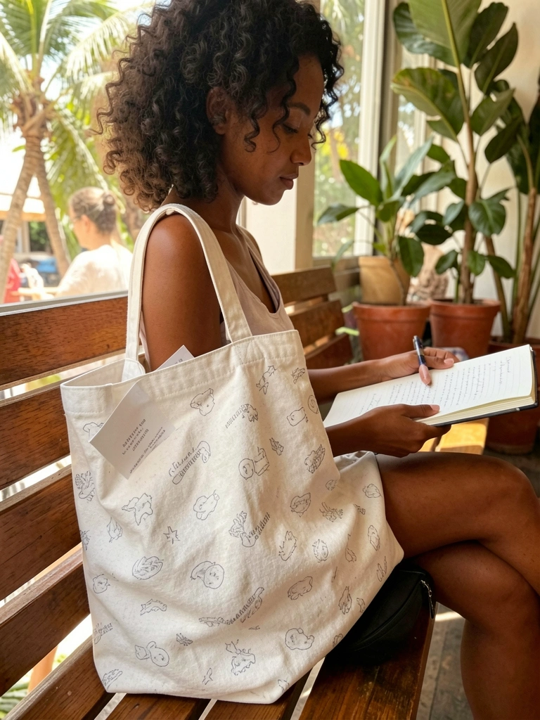 Tote bag de lona branca com caderno sobre banco de madeira, luz natural filtrada por plantas e janelas, fundo desfocado de cafeteria.
