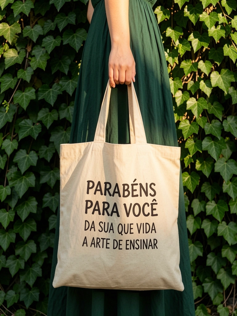 Bolsa de lona bege com frase preta segurada por mão feminina, vestido verde-escuro e folhagem densa ao fundo, luz difusa e texturas visíveis.