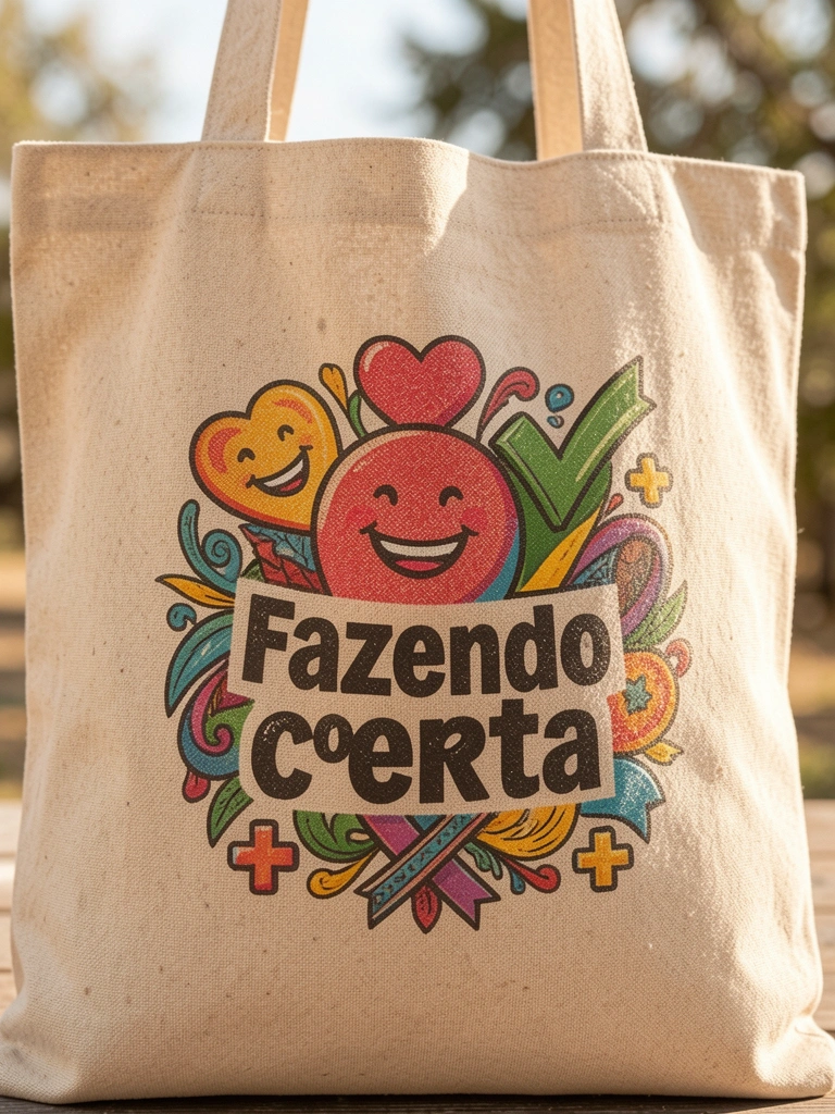 Bolsa de lona bege com estampa colorida de rosto sorridente, coração e texto 