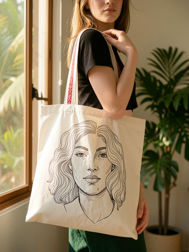 Mão feminina segurando bolsa branca grande com desenho de rosto em preto e detalhe listrado vermelho e branco na alça, fundo desfocado com planta verde e luz natural.