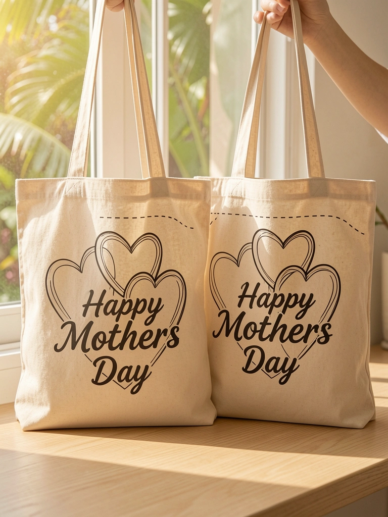 Duas sacolas de algodão bege com desenho de corações e frase 