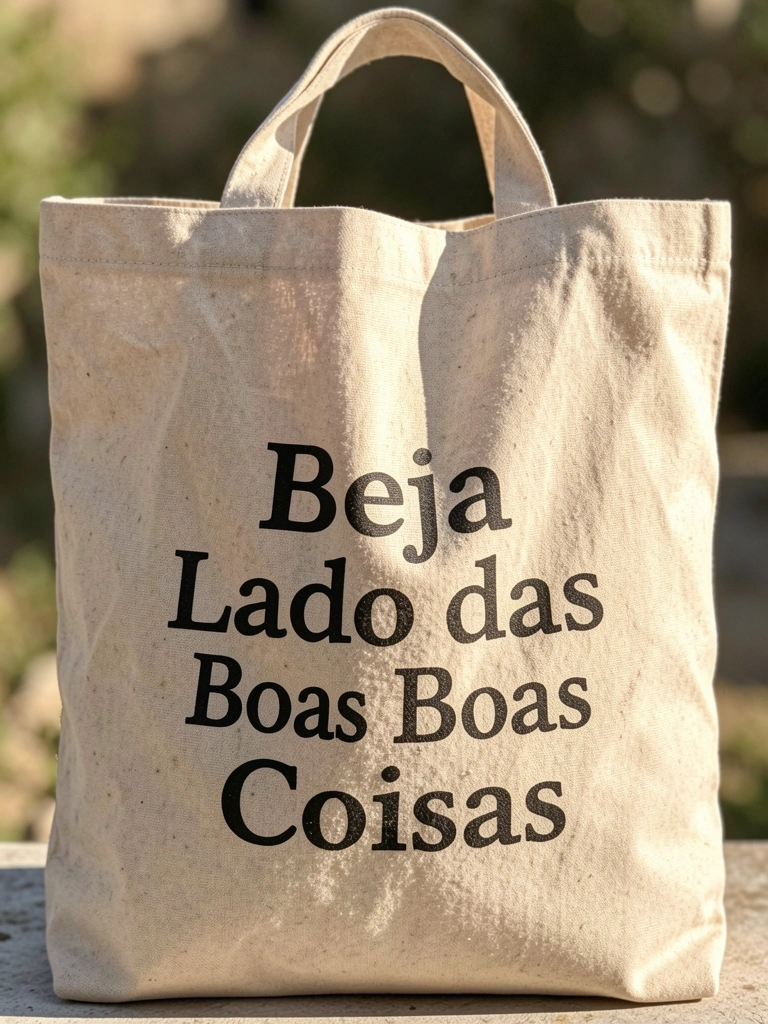 Bolsa de lona bege com alça e estampa preta 