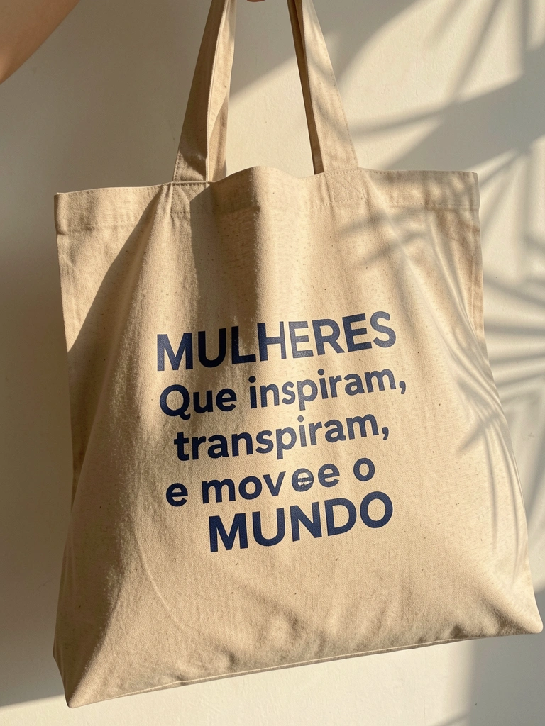 Bolsa de algodão bege com estampa azul escura, textura e costura à mostra, fundo off-white, luz natural.