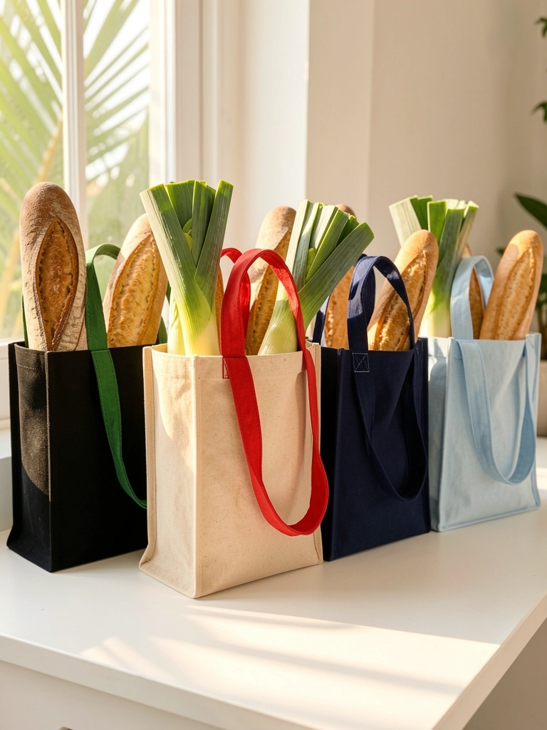 Cinco ecobags de lona natural com alças coloridas sobre superfície branca, cada uma com pão rústico, alho-poró e baguete, luz natural e sombras suaves.