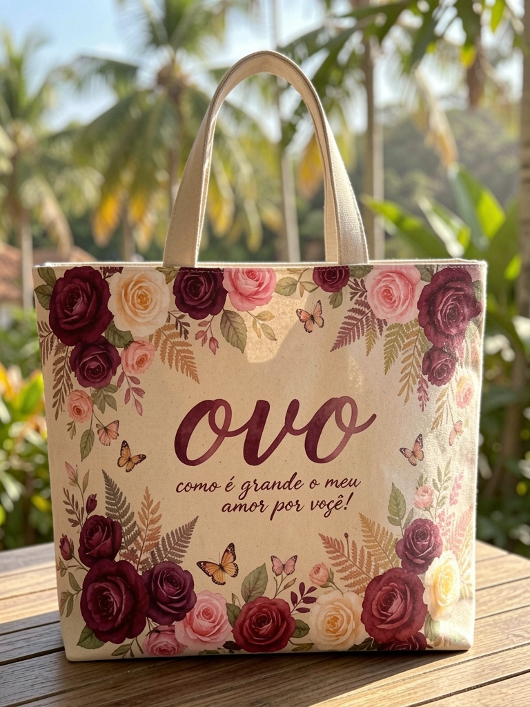 Bolsa de lona bege com estampa floral de rosas bordô, rosa e pêssego, borboletas e o texto 