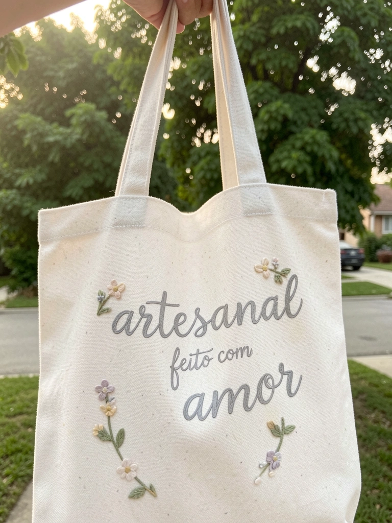 Bolsa de lona branca segurada por uma mão, com lettering cinza 