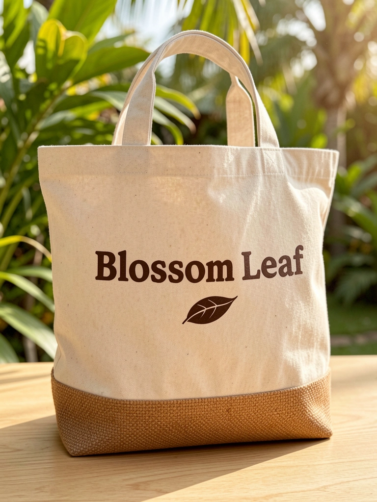 Bolsa de algodão natural bege com fundo de juta marrom, logotipo 