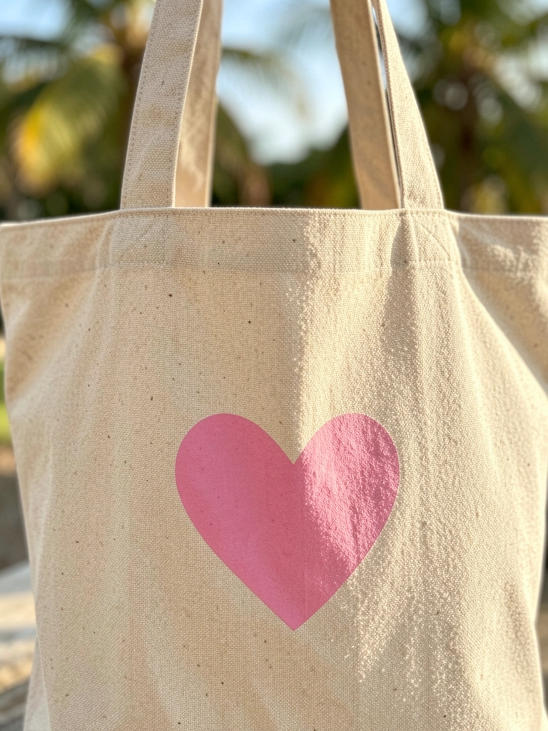 Bolsa de algodão bege com logotipo de coração rosa estampado, alça de algodão resistente, luz natural suave destacando a textura do tecido.
