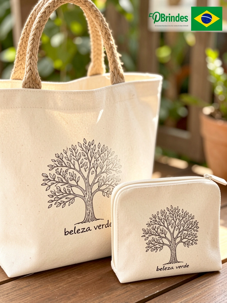 Bolsa de lona creme com alça de juta e bolsa menor com zíper, estampadas com árvore estilizada e texto 