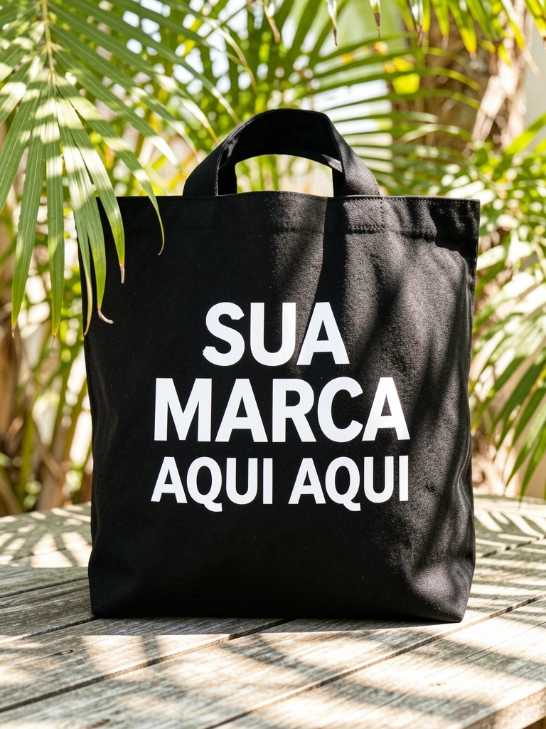 Bolsa preta de lona com letras brancas 