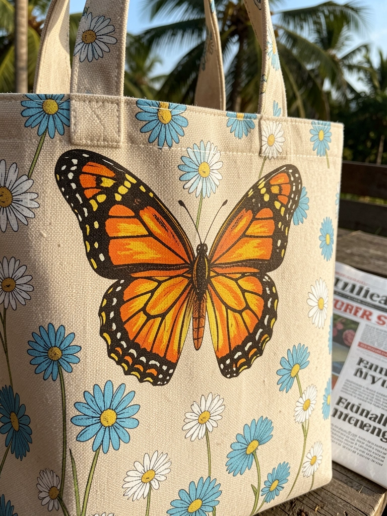 Bolsa de lona bege com estampa de borboleta laranja e margaridas azuis, detalhes da costura e impressão, jornal ao fundo, luz natural quente.
