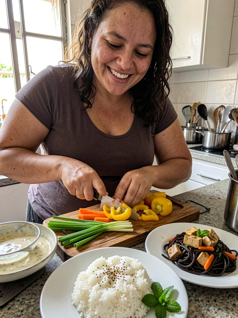 Pessoa sorrindo enquanto corta cenouras em uma cozinha com luz natural.