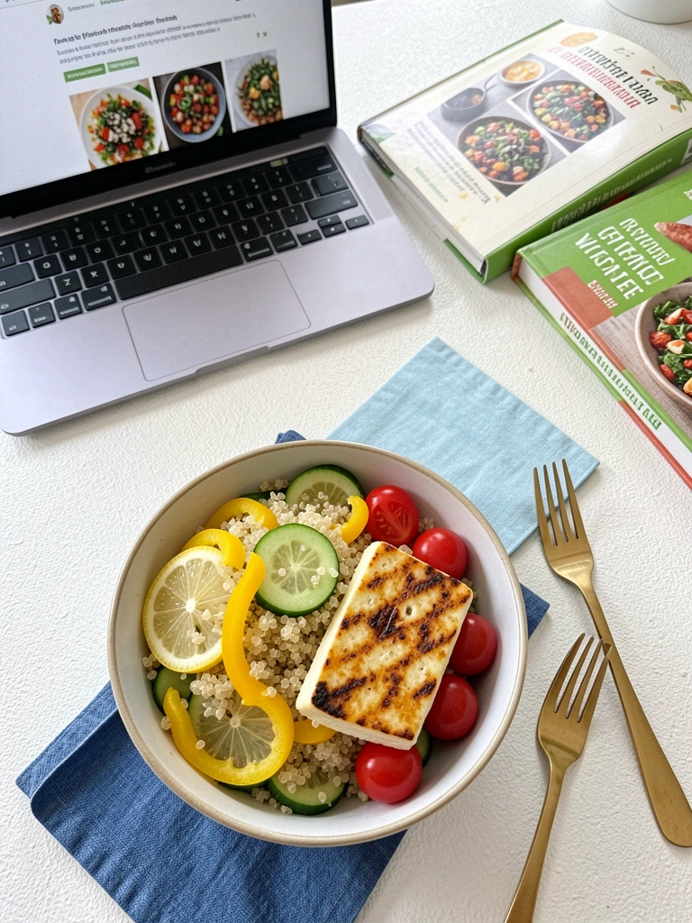 Tela de computador exibindo sites de receitas ao lado de livros de culinária vegetariana sobre uma mesa.