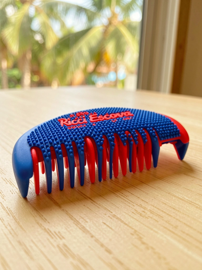 Escova raquete Ricci Flex com superfície texturizada azul e vermelha sobre mesa de madeira clara, reflexo de janela tropical ao fundo e luz natural.
