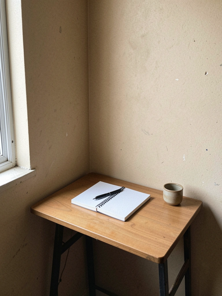 Escrivania compacta de madeira clara em canto de sala, com cadeira simples e luminária de mesa.