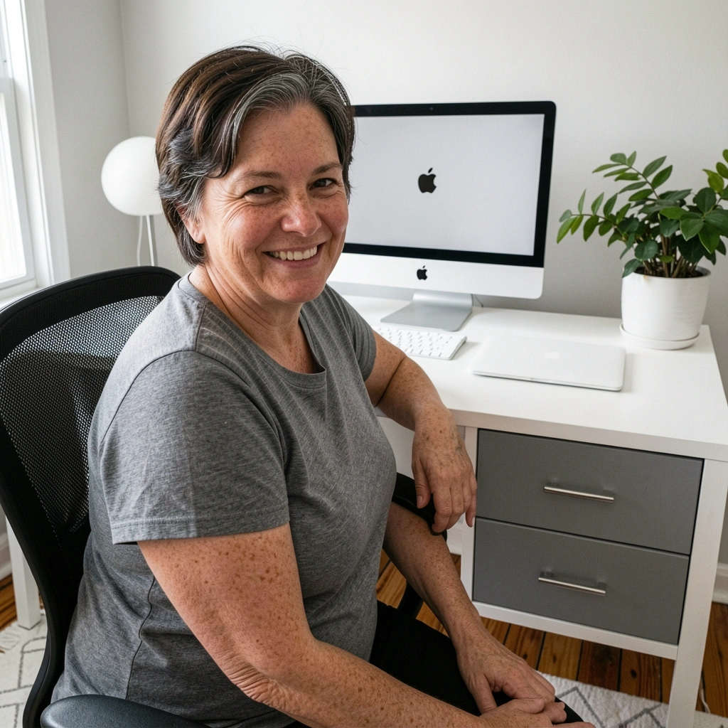 Mulher sentada em escrivaninha de home office com notebook e objetos decorativos.
