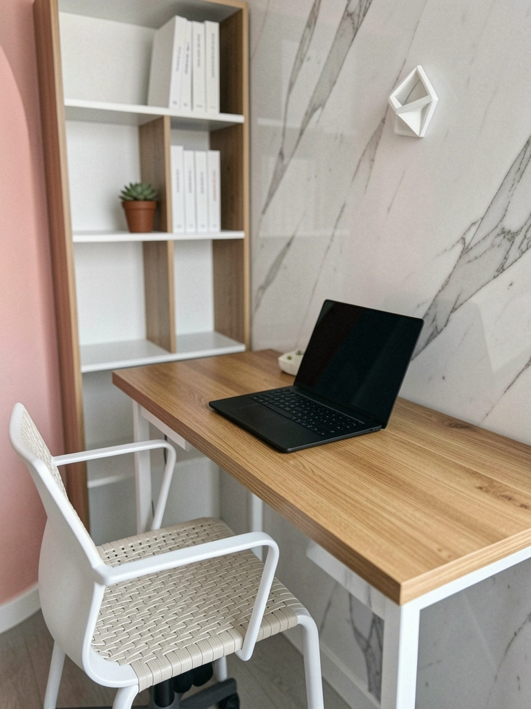 Escrivaninha branca com tampo de madeira clara, cadeira ergonômica preta, luminária metálica e vaso com planta sobre a mesa, parede clara ao fundo.