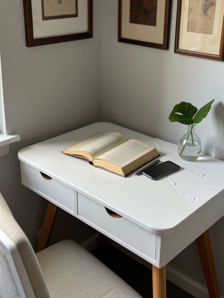 Quarto pequeno com escrivaninha compacta de canto, cama ao fundo e janela lateral.