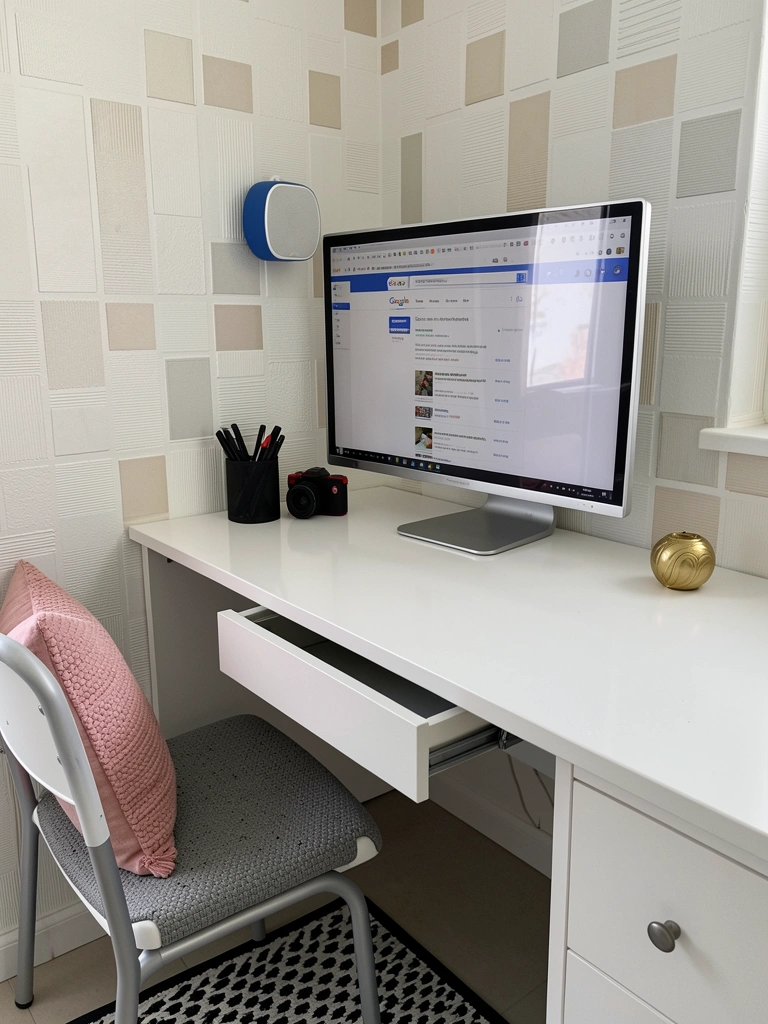 Escrivaninha em L posicionada no canto de uma sala, com monitor sobre a superfície.