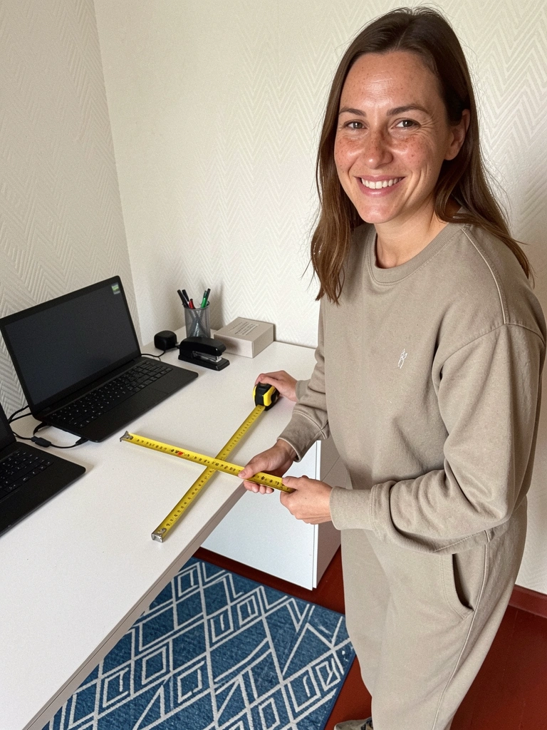 Pessoa medindo o chão de um quarto vazio com fita métrica, próximo a uma parede clara.