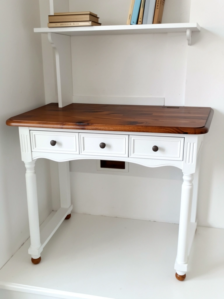 Escrivaninha de madeira clara com prateleira superior apoiada sobre a mesa, livros e um vaso pequeno sobre a superfície.