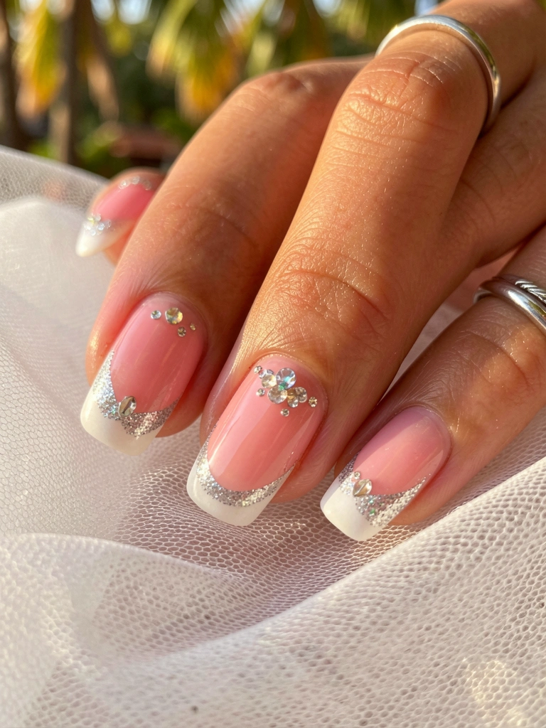 Quatro unhas com esmalte rosa, ponta francesa branca, glitter prateado e strass sobre tule branco, luz natural difusa.