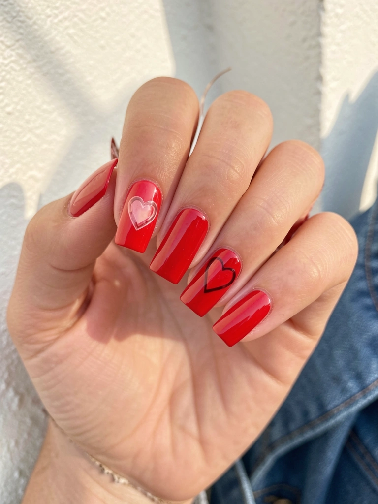 Mãos com unhas quadradas em vermelho brilhante, coração detalhado em uma unha, luz natural suave e fundo com jaqueta jeans.