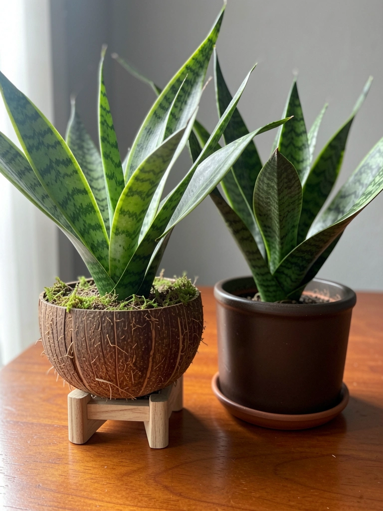 Vaso de fibra de coco texturizado sobre suporte de madeira claro e vaso cerâmico marrom escuro sobre mesa de madeira polida, luz natural suave.