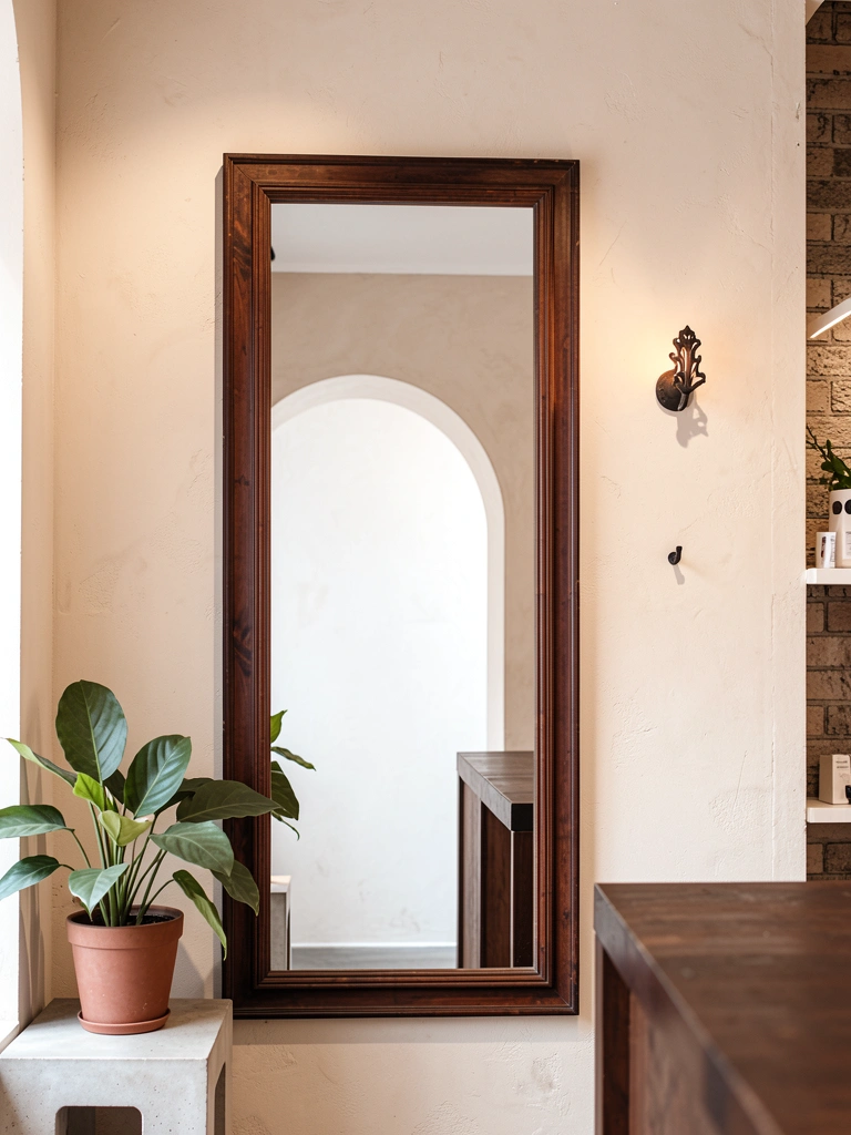 Espelho ornamentado de moldura escura reflete parede bege texturizada e arco decorativo; vaso com folhas grandes sobre mesa de concreto clara ao lado.