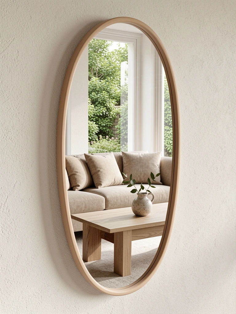 Espelho assimétrico de moldura bege reflete sofá, mesa de centro e vaso com folhas; luz natural entra pela janela com jardim verde.