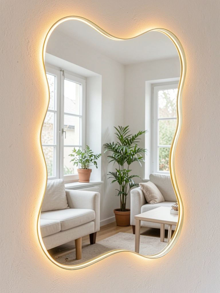 Espelho orgânico com borda ondulada e luz LED dourada reflete parede branca, janela, sofá claro e vaso de planta.