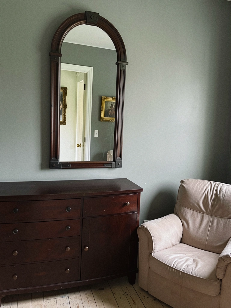 Espelho grande pendurado acima de uma cômoda reflete o quarto, com móveis e iluminação suave.