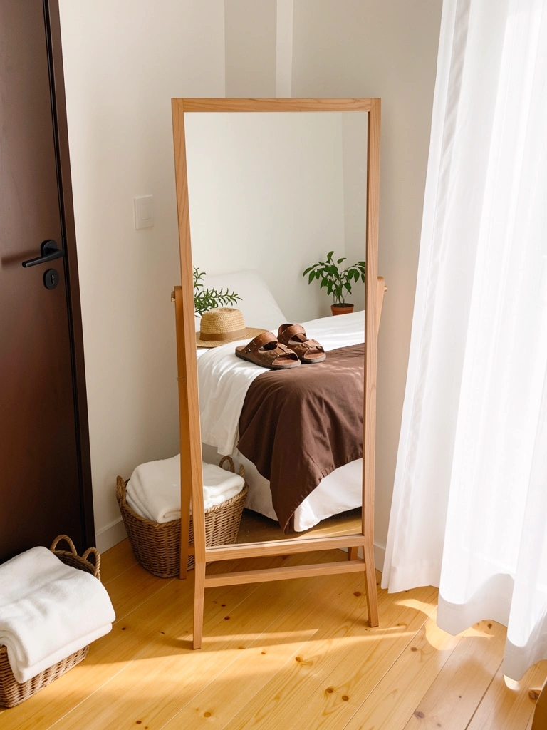Sala de estar com sofá bege, mesa de centro e grande espelho na parede refletindo uma janela com luz natural.